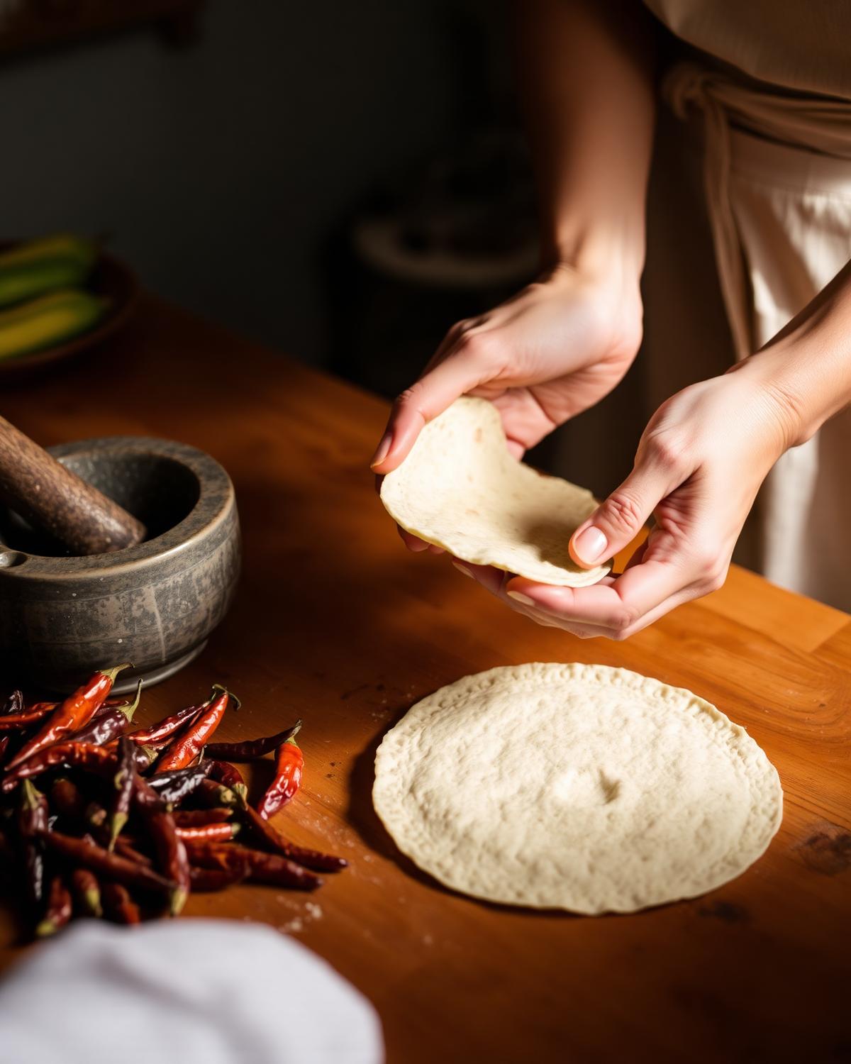 Hands pressing fresh corn tortillas at a cooking class