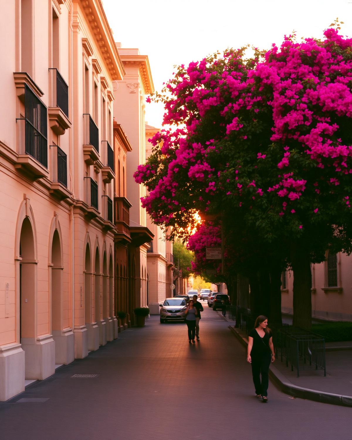 Bougainvillea over a Roma Norte street at golden hour