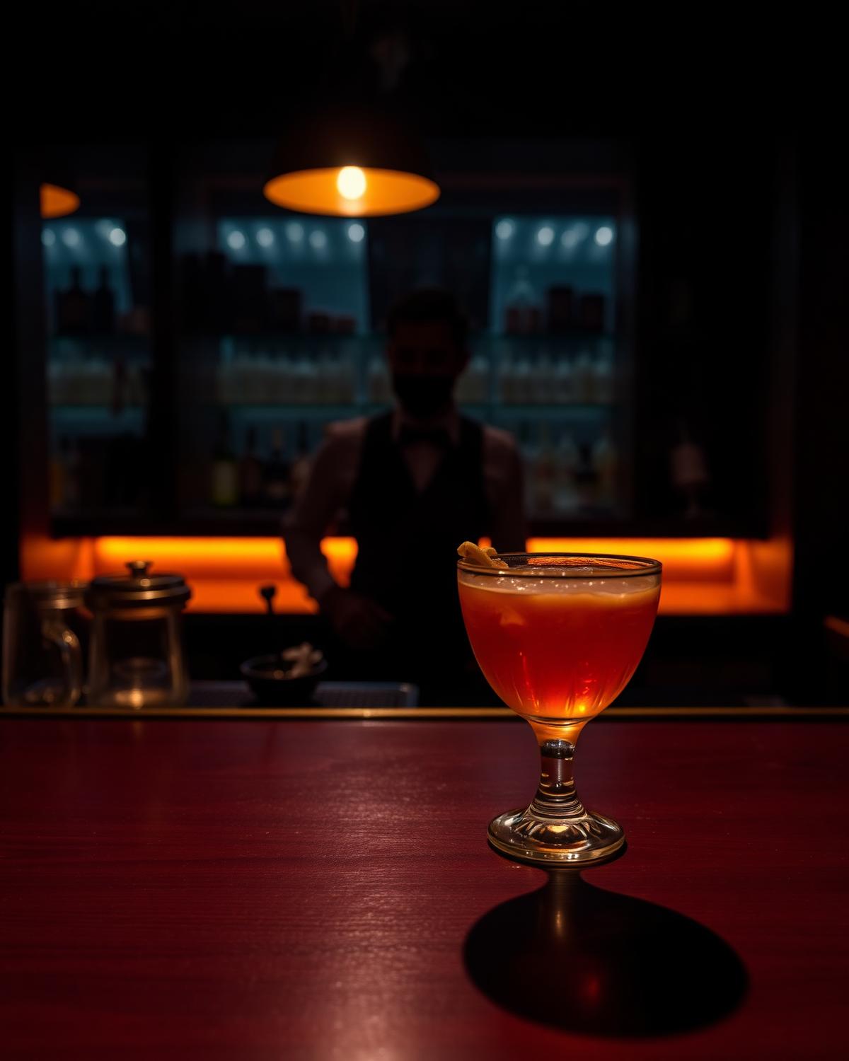 Amber cocktail on a dark bar in a hidden speakeasy