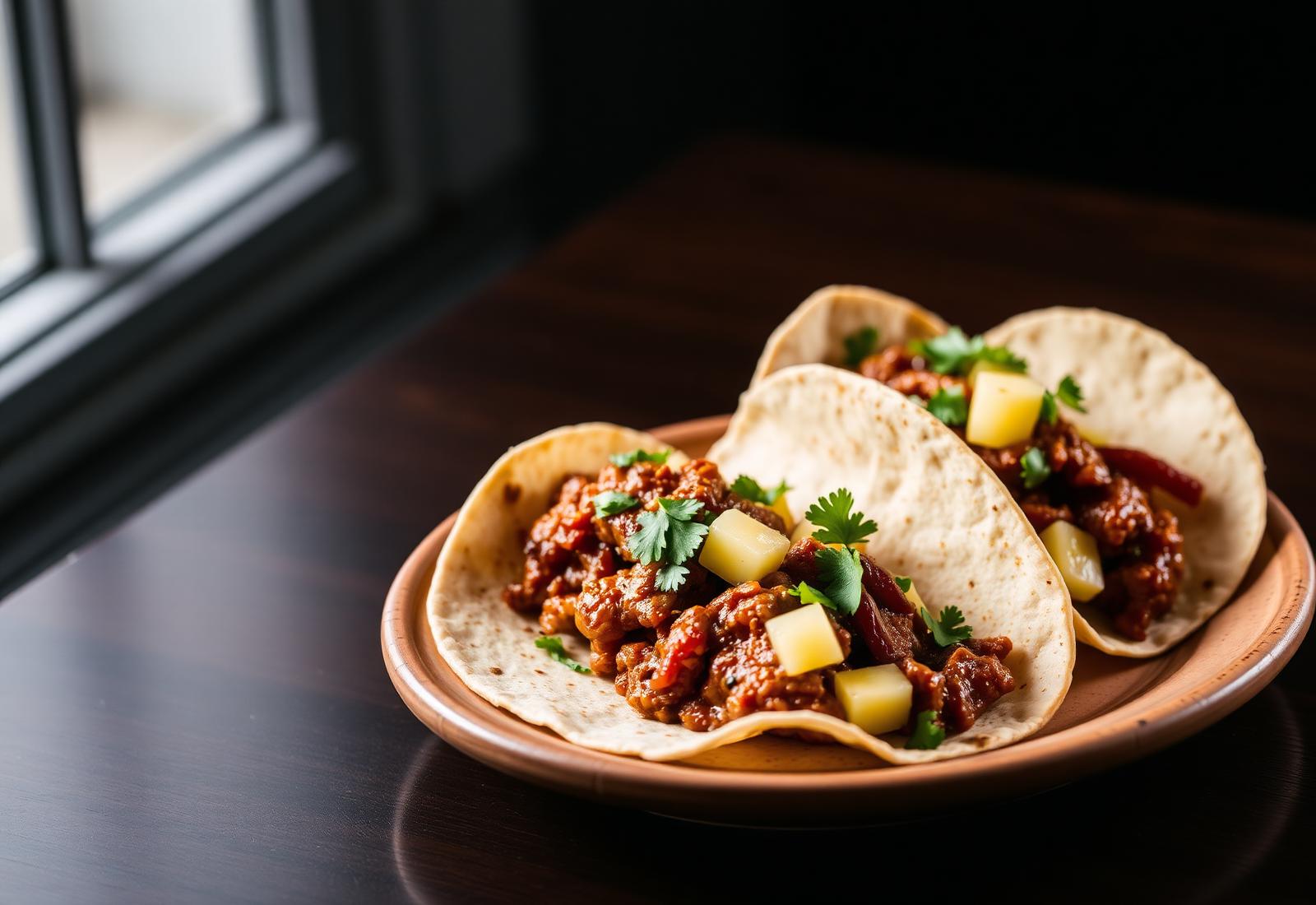 Tacos al pastor on a ceramic plate